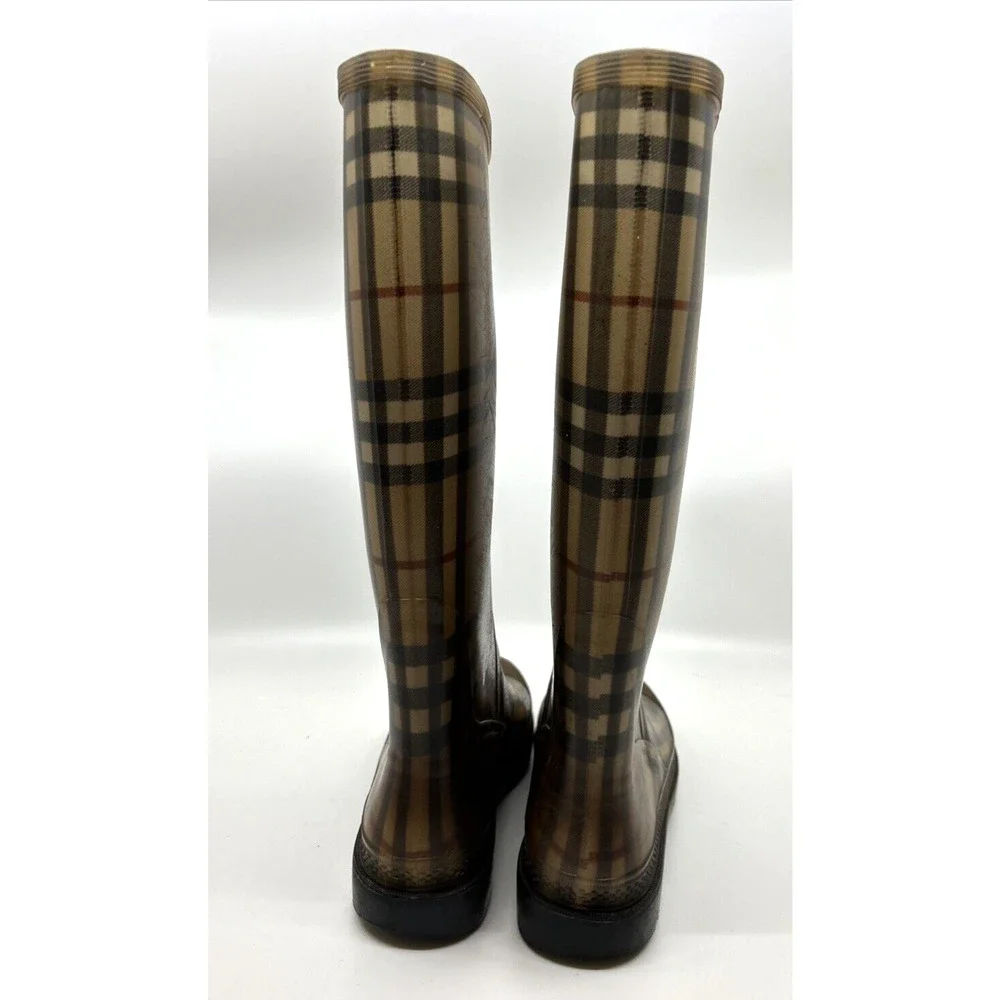 Burberry Rubber Rain Boots Women's Knee High Sz 7 Brown Novacheck Print Italy - Picture 7 of 9